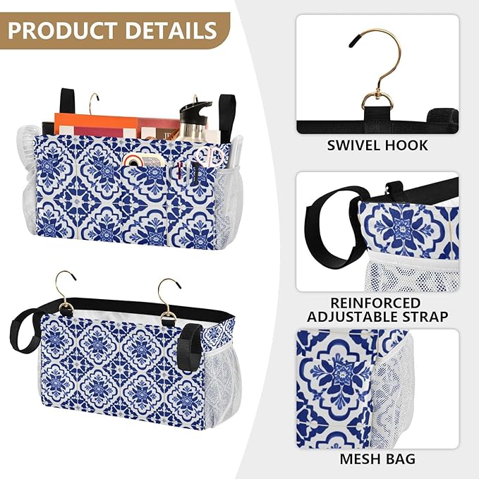 Bedside Caddy Hanging Bunk Bed Caddy Bed Organizer Hanging Pocket with 2 Hooks Bedside Storage Organizer Pocket Bag Holder Floral Blue and White Geometric