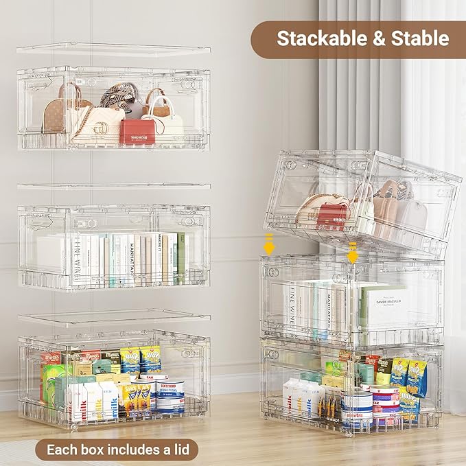 BROVIEW 160Qt Stackable Storage Bins with Lids Wheels, XL Clear Plastic Drawers Foldable Closet Organizers and Storage Cabinet Display Box Shelves with Front & Back Doors, for Home Office Garage,2Pack