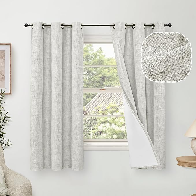 Linen Blackout Curtains for Bedroom Narrow Window, Thermal Insulated Complete Light Blocking Privacy Soundproof Small Curtains for Basement, Each 38 Inch Wide 63 Inch Length 2 Panels, Light Grey