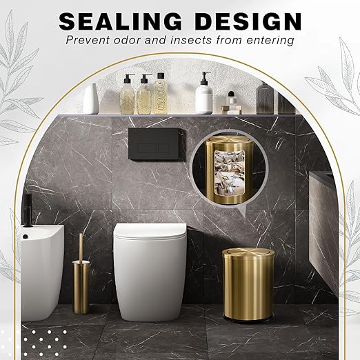 Maxdot 2 Pcs Gold Bathroom Trash Can with Flipping Lid 4 Gallon/15 L and Toilet Brush Set, Large Brushed Stainless Steel Garbage Trash Can Toilet Cleaner Brush Bin for Bathroom Bedroom Office