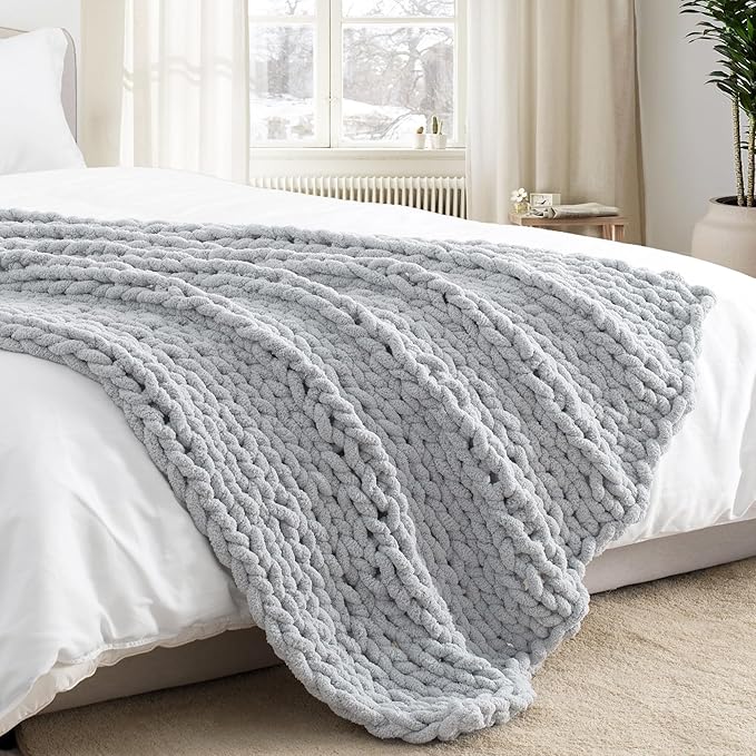 Chunky Knit Throw Blanket 50"X 60", 100% Handmade with Soft Chenille Yarn, 4.4lbs Thick Cable Knitted Blankets, Large Rope Knot Crochet Throws for Couch Sofa Bed Home Decor, Light Grey