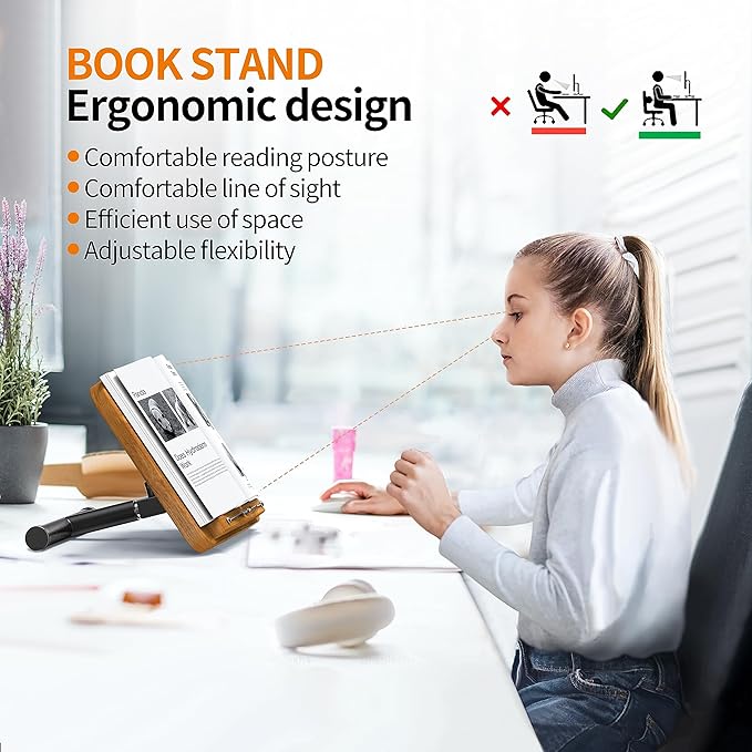 NAMON 2-in-1 Dual-use Floor & Desktop Book Stand, 100% Solid Wood, Height Adjustable from 16.5" to 51", Floor Reading Stand with Page Clip for Cookbooks, Sheet Music, Projector (with a T-Shaped)