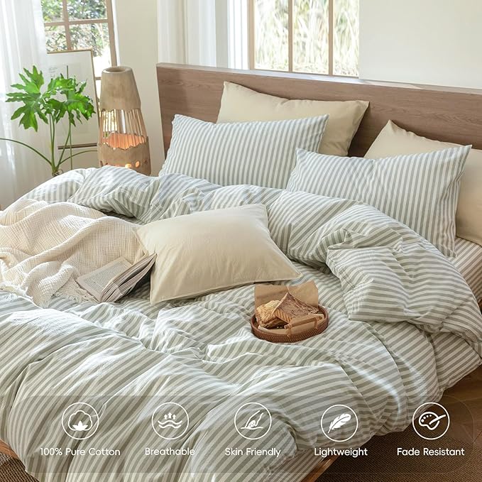 MooMee Striped Duvet Cover Set 100% Washed Cotton Linen Like Textured Breathable Durable Soft Comfy (Sage Green White Classic Stripes, Twin 68"x90")