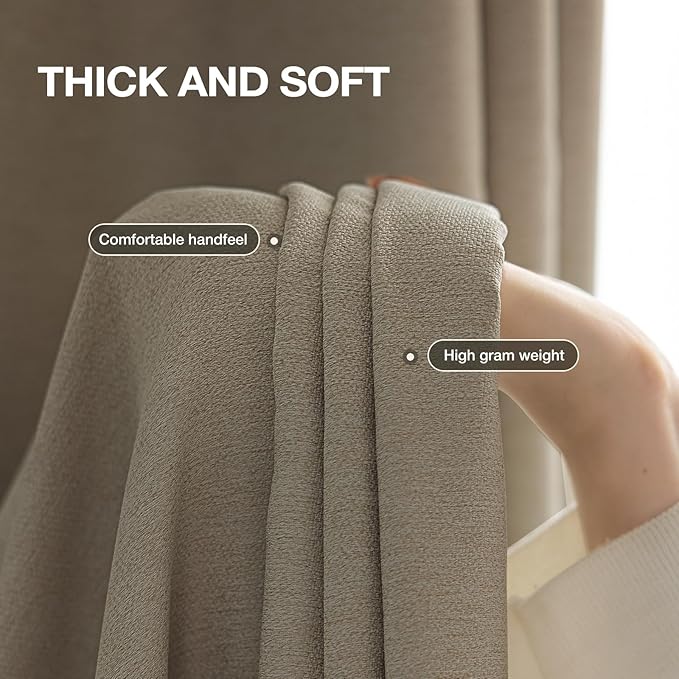 100% Blackout Curtains 108 inch Length 2 Panels for Living Room, Linen-Look Textured Room Darkening Thermal Insulated Noise Reduction Farmhouse Drapes for Bedroom (W52xL108, Taupe)
