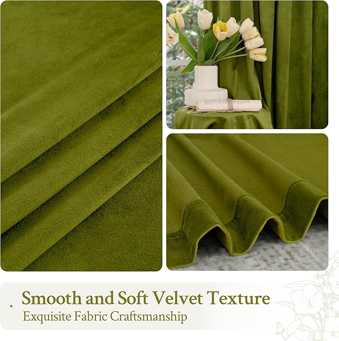 LAMIT Velvet Curtains 90 Inch Length for Living Room, Vintage Thermal Insulated Room Darkening Drapes Super Soft Back Tab and Rod Pocket Window Panels for Bedroom, 2 Panels, Moss Green, 52 x 90 Inch
