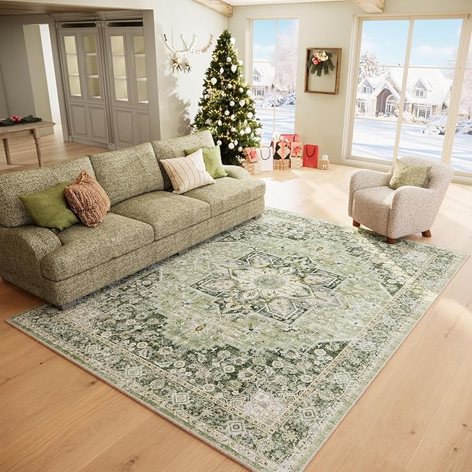 6×9 Machine Washable Rug for Living Room, Boho Vintage 6×9 Area Rug，Distressed Accent Low Pile Ultra Soft Large Carpet for Bedroom Bathroom Dining Room, Floral/Green