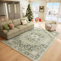 6×9 Machine Washable Rug for Living Room, Boho Vintage 6×9 Area Rug，Distressed Accent Low Pile Ultra Soft Large Carpet for Bedroom Bathroom Dining Room, Floral/Green