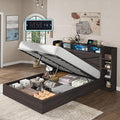 AMERLIFE Full Size Lift Up Storage Bed Frame, 45.1" LED Bed Frame with 2 Side Shelf & Bookcase Headboard, Farmhouse Wood Platform Bed with Charging Station, No Box Spring Needed, Black