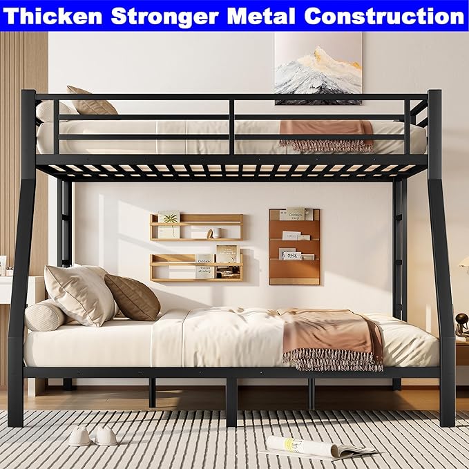 Upgraded Version Thickened Metal Heavy-Duty Queen Over King Bunk Bed, Best Modern Style Stronger King Size Bunk Bed Frame with Ladder for Adults, Easy Assembly (Queen Over King)