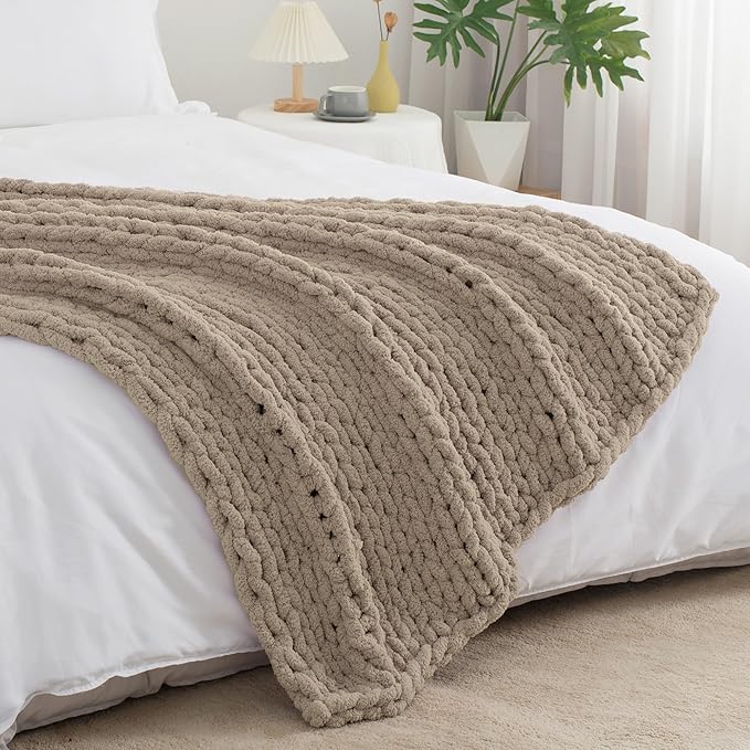 Chunky Knit Throw Blanket 50"X 60", 100% Handmade with Soft Chenille Yarn, 4.4lbs Thick Cable Knitted Blankets, Large Rope Knot Crochet Throws for Couch Sofa Bed Home Decor, Taupe