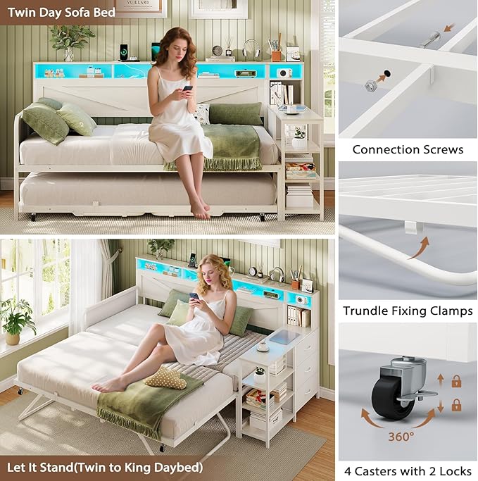 VIAGDO Daybed Twin with Pop Up Trundle, Farmhouse Wooden Day Bed Frame with 3 Storage Drawers and Shelves, Twin to King Daybed with Charging Station and LED Lights for Bedroom, Guest Room, White