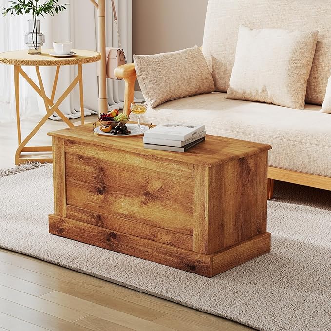 LOKO 35.5” Storage Chest, Lift Top Storage Box with Metal Hinges, Wooden Storage Bench with Safety Hydraulic Strut, Large Farmhouse Storage Trunk for Living Room, Bedroom, Entryway(Oak)