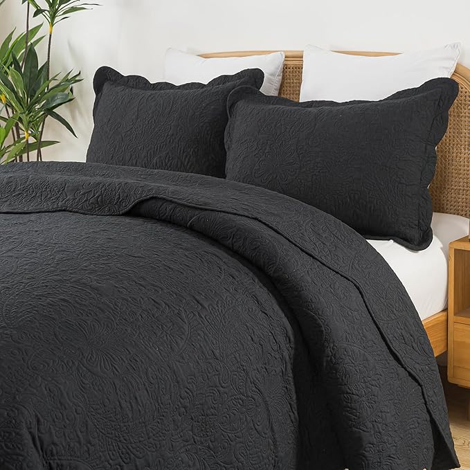 HoneiLife Quilt Sets King Size - Microfiber Bedspreads for King Bed, 3-Piece Lightweight Coverlets, Retro Bedlinen Sets, King Quilt Bedding Set All Season Use-Black
