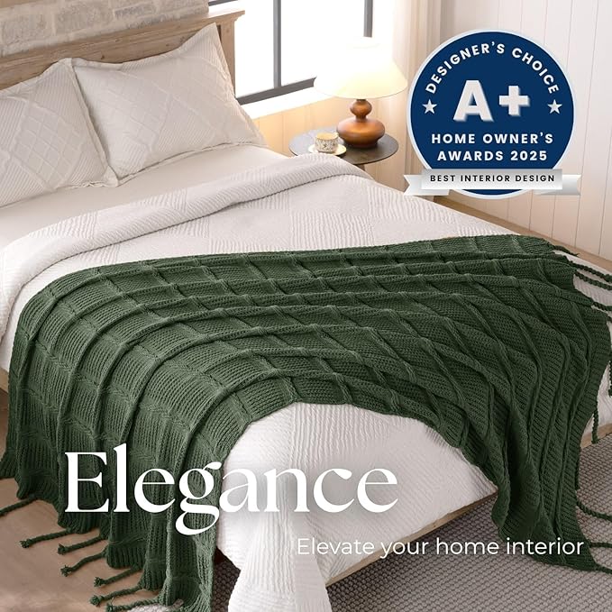 Boho Knitted Chenille Blanket with Tassels - Lightweight & Soft All-Season Throw - 3D Classic Pattern for Living Room Bedroom Couch, Imperial Green, Throw 50"x60"