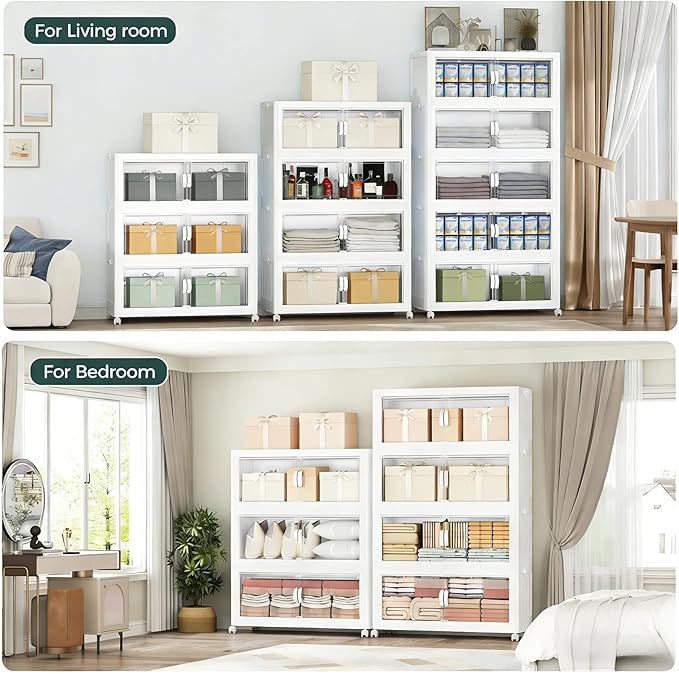 600QT Extra Large Stackable Storage Bins with Lid, 150Gal Collapsible Storage Box with Wheels and Doors, Plastic Closet Organizer and Storage Cabinet for Home Kitchen Office Dorm, 5Pack White