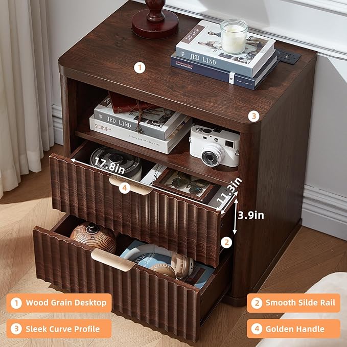 LEYAOYAO Fluted Nightstand with Charging Station, 23" Wide 2 Drawers Night Stand,Walnut End Table with Open Storage,Farmhouse Bed Side Tables, Wood Dresser for Bedroom, Living Room, Closet