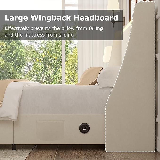 VECELO Queen Size Bed Frame with Storage Drawers, Upholstered Platform Bedframe with Wingback Headboard, No Box Spring Needed, Beige