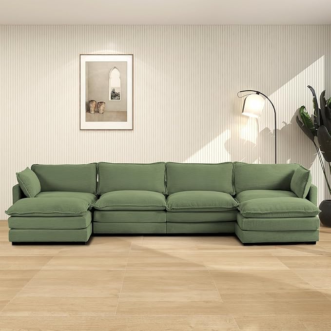 ROWHY 148'' Sectional Cloud Couch with 2 Ottomans, Oversized 4 Seat Sleeper Sofa with 2 Throw Pillows, Convertible Upholstered U Shaped Cozy Sofa Furniture Set for Living Room and Office, Green