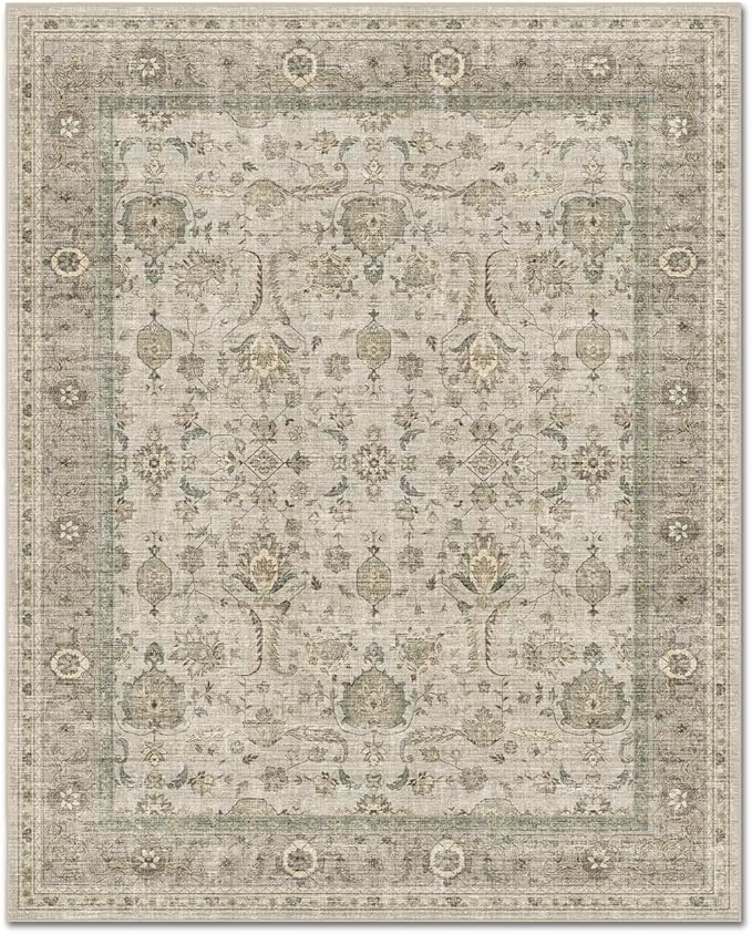 Washable 5x7 Area Rugs for Living Room, Boho Non-Slip Vintage Distress Rugs for Bedroom Dining Room Nursery Office, 0.3" Neutral Oriental Throw Thin Carpet with Cushioning Pad, Flaxen/Brown/Multi