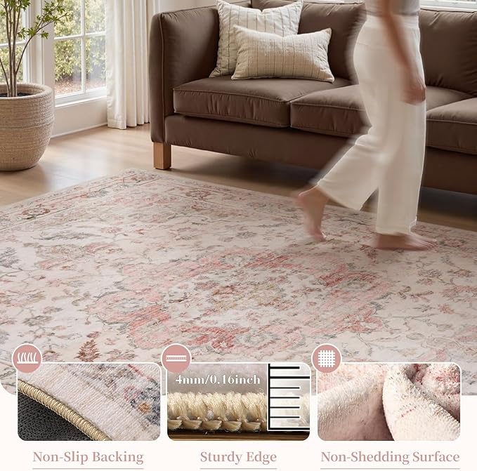 PADOOR 6X9 Area Rug,Rugs for Living Room,Soft Pink Rugs for Bedroom,Machine Washable Rug Non Slip Carpet for Dining Room Living Room Bedside Office