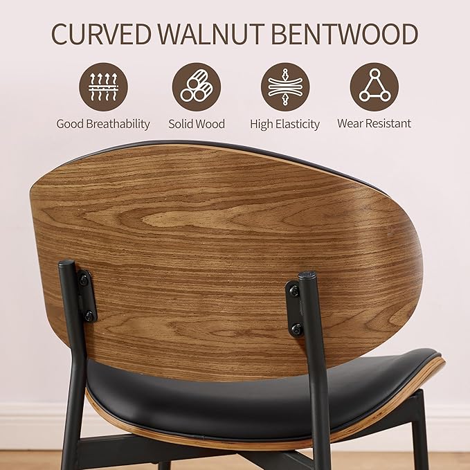 Art Leon Genuine Leather Dining Chairs Set of 4, Mid Century Modern, Upholstered Kitchen Dining Room, Armless Accent with Walnut Bendwood, Brown