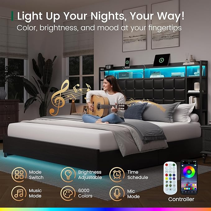LARMACE King Size Bed Frame with 4 Storage Drawers and Bookcase Headboard, Faux Leather Upholstered, Wooden Platform Bed Frame with Charging Station and LED Lights, No Box Spring Needed, Black