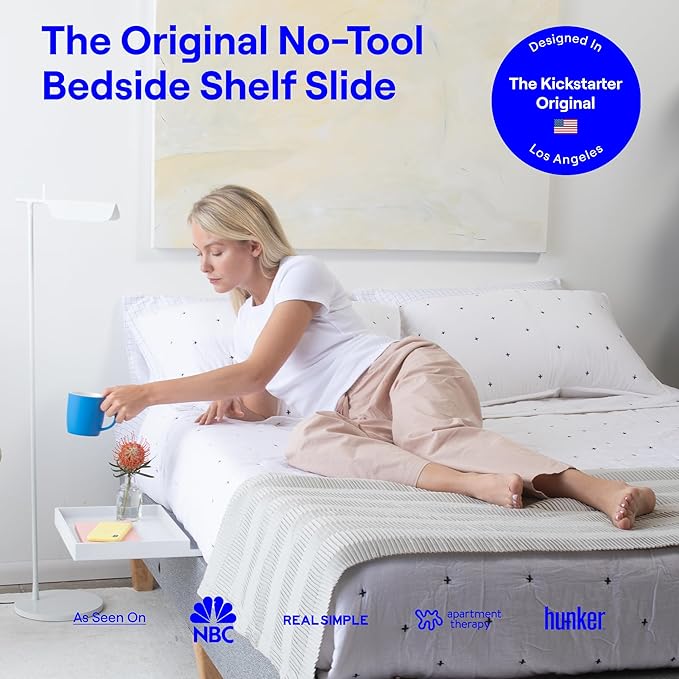 BedShelfie Bedside Shelf for Dorm Room Bunk Bed & Top Bunk, College Dorm Room Essentials, Bedside Caddy, Clip on Floating Desk Tray, Bed Side Table Storage, Loft Nightstand Decor- White Wood Slide