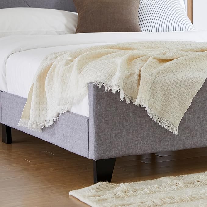Livinia Stella Twin Size Platform Bed, Fabric Upholstered Twin Bed Frame with Height Adjustable Headboard Footboard, Strong Wood Slats, No Box Spring Needed, Gray (Twin)