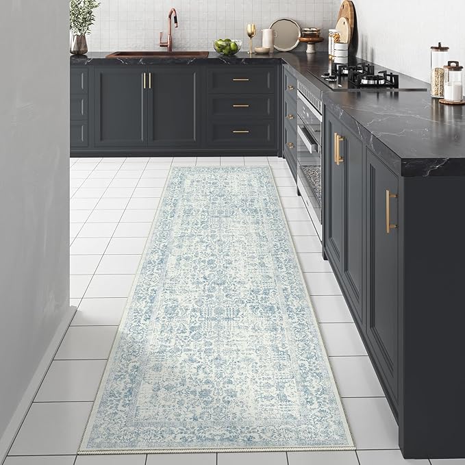 Blue Runner Rug 3x7 Hallway Machine Washable Kitchen Vintage Distressed Non Slip Long Carpet Indoor Retro Floral Bedroom Accent Throw Rug for Bathroom Office Laundry Dining Room