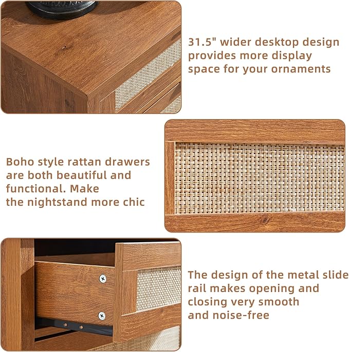 LEYAOYAO 31.5" Wide Rattan Nightstand, Large Boho 3 Drawer Night Stand, Tea Brown Bedside Table with Storage, Tall Bed Side End Tables, Chest of Drawers Dressers for Bedroom, Living Room, Hallway
