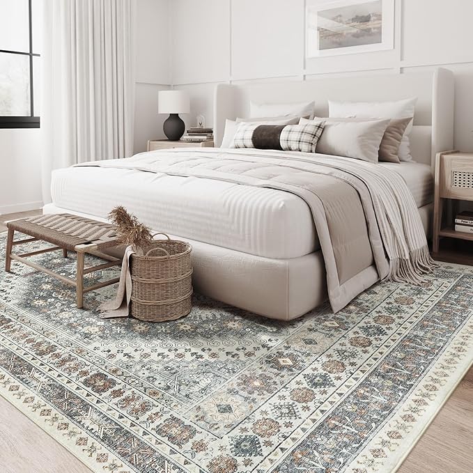 zesthome 8x10 Area Rugs for Living Room,Non-Slip Backing Washable Rugs,Vintage Large Area Rug，Stain Resistant Home Decor Rug (Grey/Orange,8'x10')
