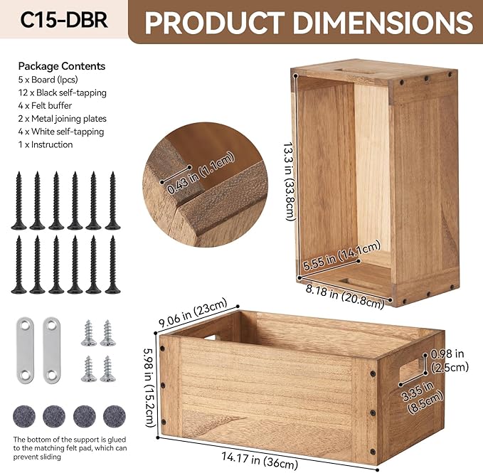 KIRIGEN Stackable Wood Storage Cube /Basket/ Bins Organizer for Home Books Clothes Toy - Modular Open Cubby Storage System - Office Bookcase Closet Shelves C15-DBR