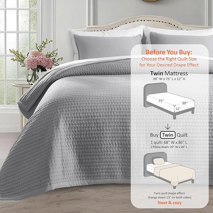 Kasentex KWX1804-GY Quilt Mini Set-Stone Washed-Super Soft Bedspread-Light Weight-White Down Alternative Microfiber Fill-Machine Washable-Solid Colors, Twin + 2 Shams, Grey