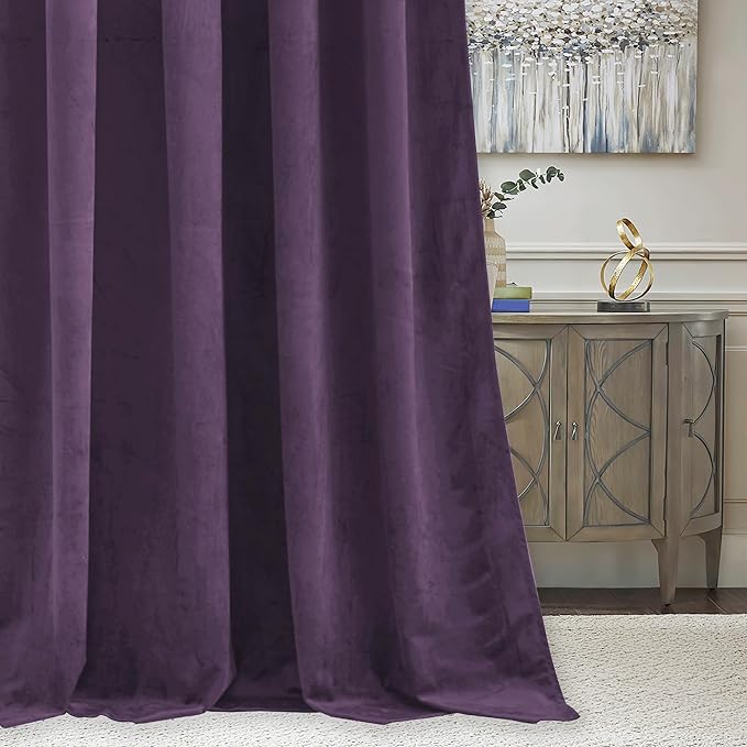 RYB HOME Purple Velvet Curtains 102 inches, Back Tab Soft Fabric Room Darkening Thermal Insulated Luxurious Home Decor Curtains for Living Room Bedroom, W 52" x L 102", 2 Panels Set