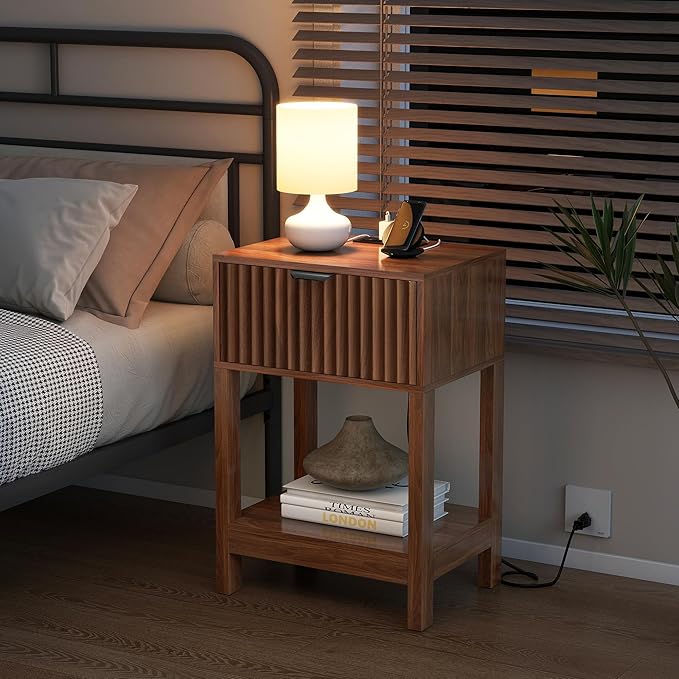 Night Stand Set 2, Fluted Nightstand with Charging Station, Wood Bedside Table with Drawer & Storage Shelf, Modern End Tables for Bedroom Sofa Couch Office, Walnut