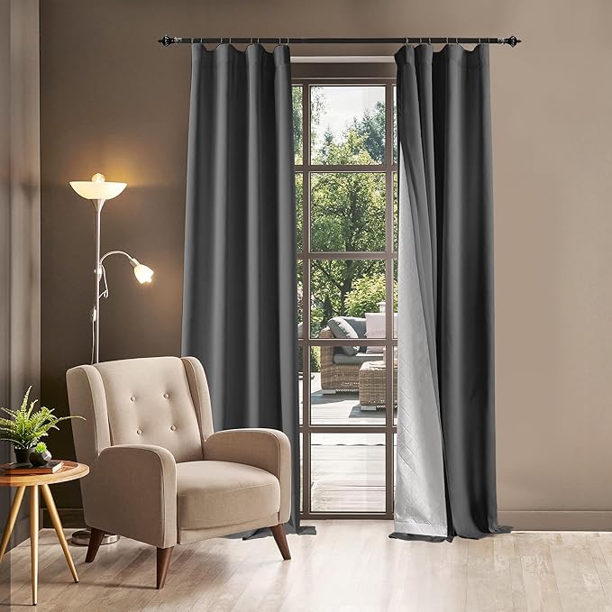 100% Blackout Thermal Insulated Curtains, 3 Layers Noise Absorbing, Soundproof Back Tab Drapes for Sliding Glass Door Baby Nursery Bedroom with Hooks, Grey 50x84 Inch Set of 1