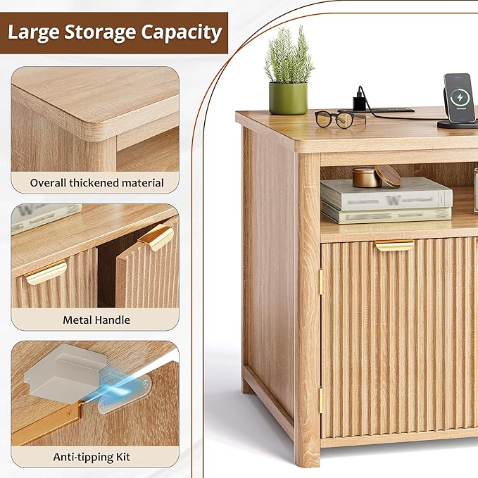 Fluted Nightstands Set of 2 with Charging Stations, 23.6" Wide Natural Oak Nightstand with Storage Drawers, Side Tables, Modern Farmhouse End Tables for Bedroom, Natural Oak