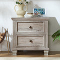 Farmhouse Nightstand with Charging Station, Rustic Low Night Stand with 2 Drawers, Mid-Century Modern End Table with 4 Square Solid Wood Legs, Small Vintage Dresser for Bedroom, Home, Grey