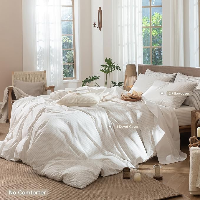 MooMee Striped Duvet Cover Set 100% Washed Cotton Linen Like Textured Breathable Durable Soft Comfy (White Almond Milk Grey Wide Stripes, Oversized Full 82"x86")