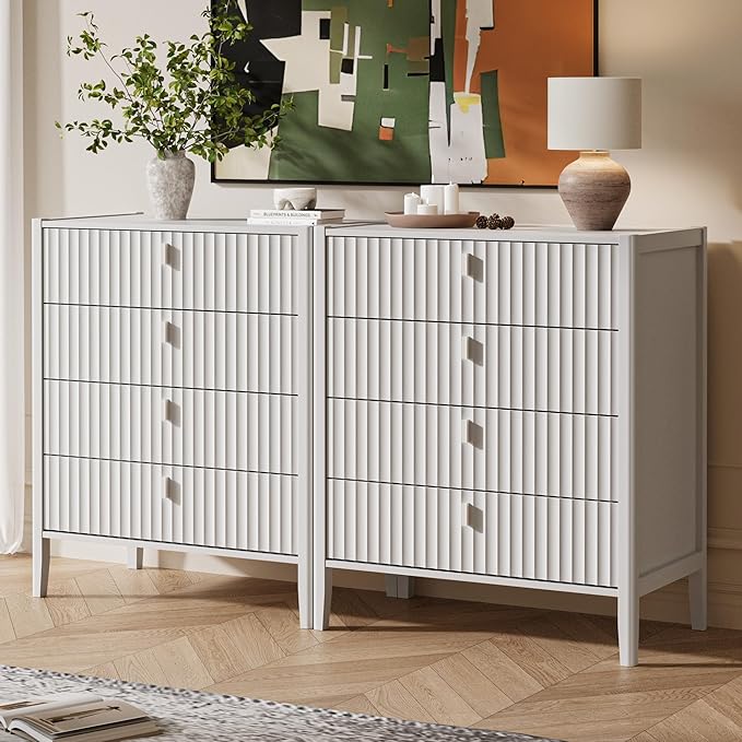 White 4 Drawer Dresser, Modern Chest of Drawers for Bedroom, Wood Fluted Dresser Organizer with Deep Drawers for Clothes, Nightstand for Bedroom, Hallway, Living Room, Entryway