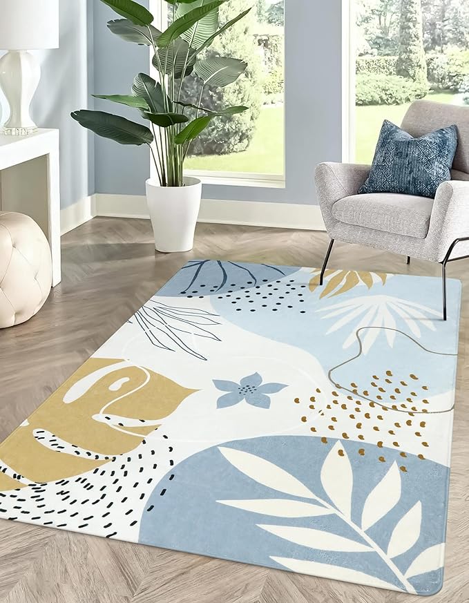 Lahome Boho Washable Blue Rug - 3x5 Small Non-Slip Low-Profile Carpets for Living Room, Bedroom, Entryway, Laundry Room, Kitchen, Office