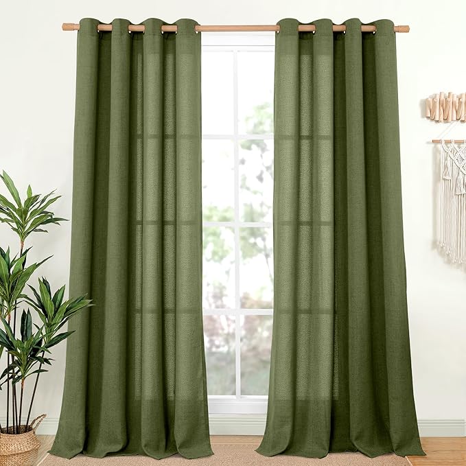 YoungsTex Extro Long Linen Curtains 108 Inch Length for Living Room, Semi Sheer Drapes Light Filtering with Bronze Grommet for Dining Bedroom Country, Olive Green, 2 Panels, 52 X 108 Inch