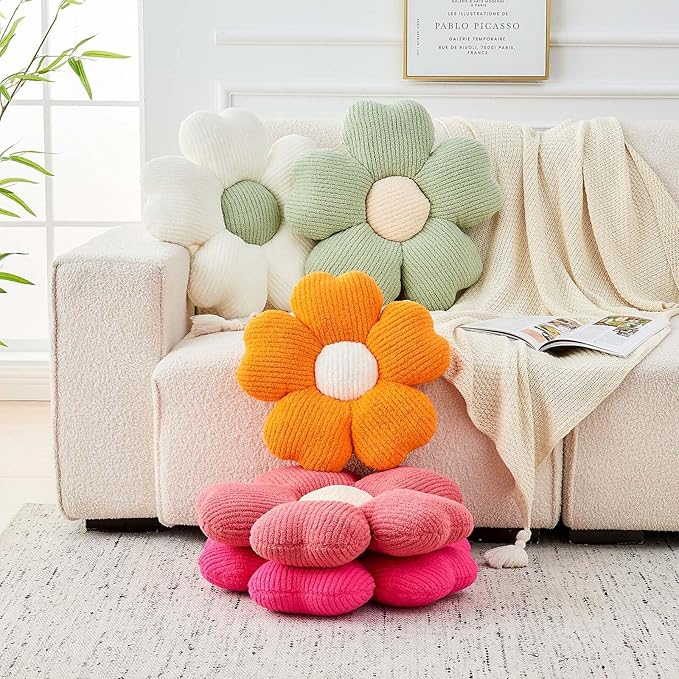 Kcvvcr Flower Throw Pillow, Cute Flower Shaped Pillow Decorative Throw Pillow for Bed Couch, Soft Daisy Pillows Floor Seating Cushion Cushions (19.6 Inch White+Green)