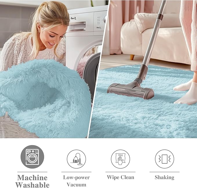 OLANLY Light Blue Round Rugs for Bedroom - Machine Washable, 7 ft Circle Area Rugs for Living Room, Soft and Fluffy Shaggy Carpet for Teen Girl and Boys, Nursery Rooms, Dorms, Home Decor Aesthetic