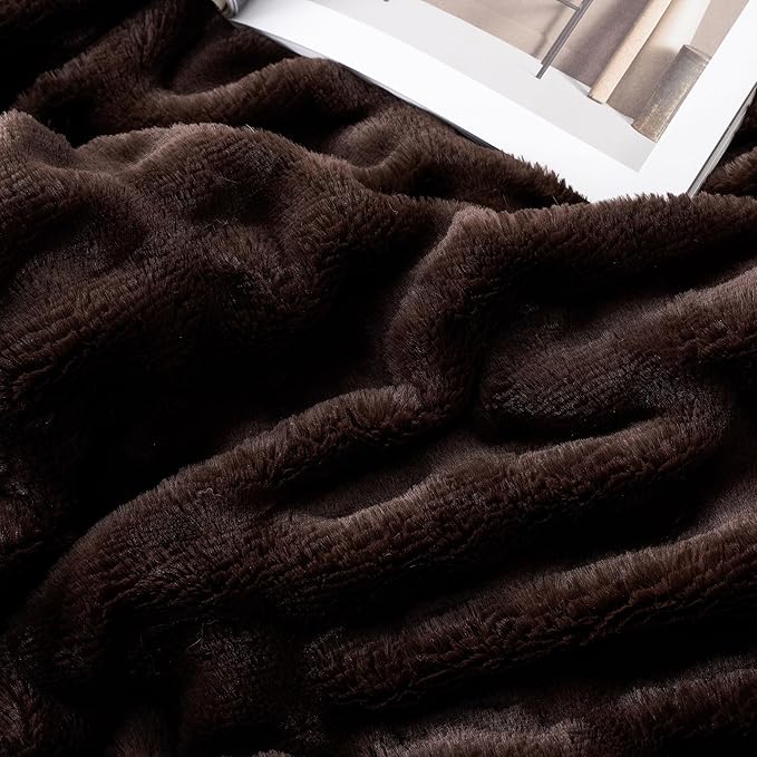 BATTILO HOME Dark Brown Faux Fur Throw Blanket for Bed, Double Side Reversible Ruched Faux Rabbit Fur Throw for Couch, Bed, Super Soft Blanket Cozy Warm Mink Blanket, 60"x80"