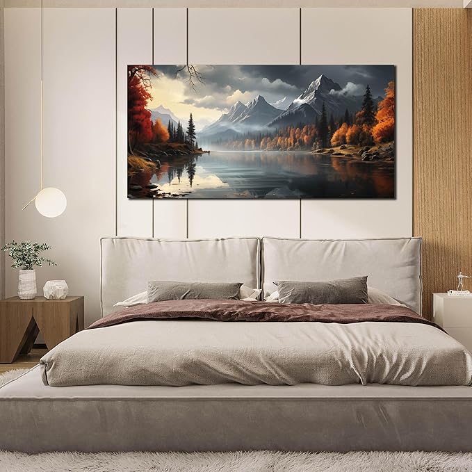 Landscape Wall Art for Living Room Bedroom Home Office Gray Wall Art Mountain Lake Pictures Modern Landscape Large Artwork Framed Canvas Prints 29x59 Inch