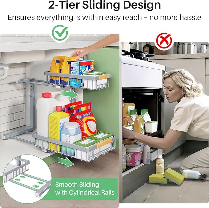 Kitstorack Under Sink Organizer, 2 Packs 2 Tier Under Sink Organizers and Storage, Slide out Pull out Cabinet Organizer Shelf, Metal Sliding Drawer for Kitchen Bathroom Pantry Closet Rack(Grey)