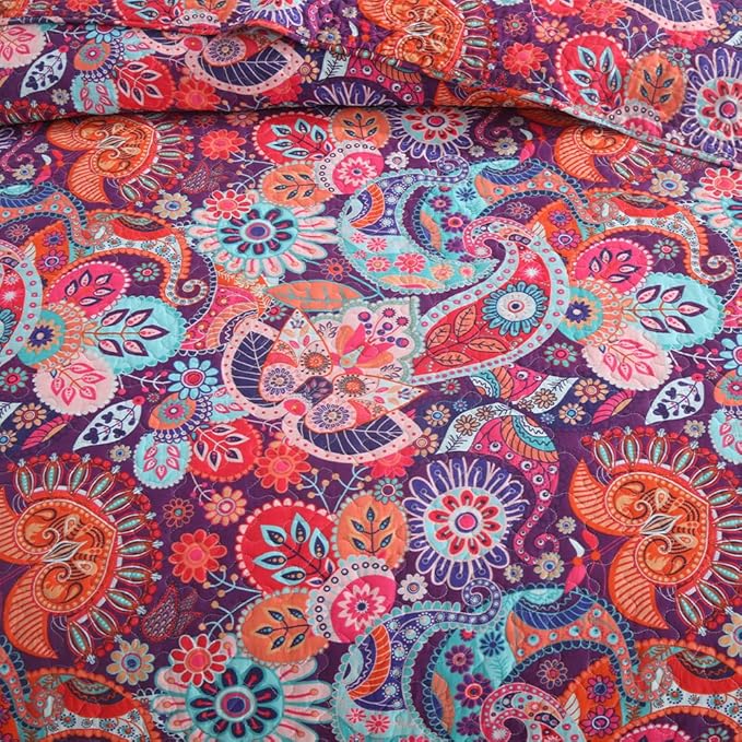 Cotton Bedspread Quilt Sets Reversible Bedding Coverlet Sets Comforter Paisley Floral Bohemian Bedspread,Bohemian Red Gorgeous Pattern,Queen Size