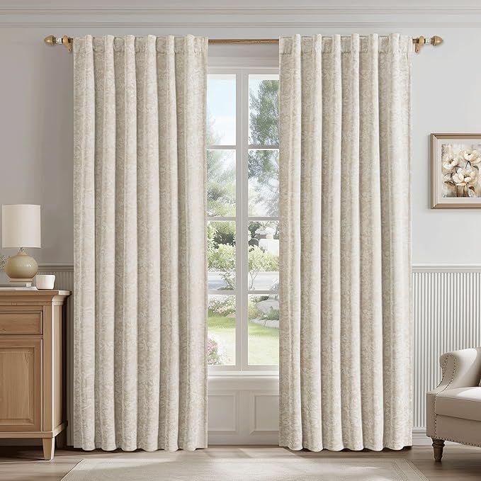 Beauoop Beige Floral Jacquard Blackout Curtains 63 Inches Long 2 Panels for Bedroom Living Room Chenille Flower Room Darkening Thermal Soundproof Rod Pocket Back Tab Window Treatments Drapes, 52x63