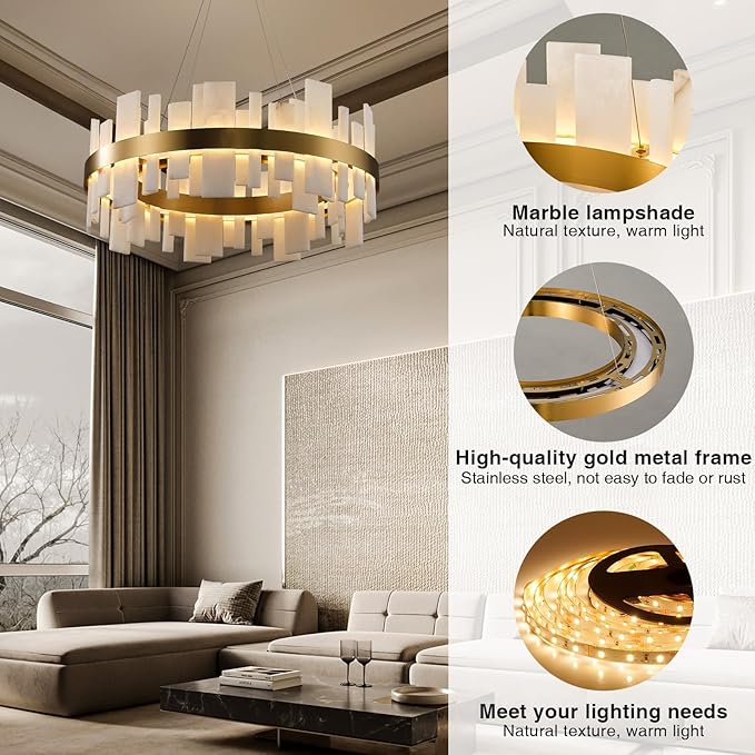 Alabaster Round Chandelier, Natural Spanish Stone Texture Chandeliers, 31.5" Adjustable Alabaster Chandelier Over Table for Living Room, Bedroom, Hallway – Modern Luxury Ceiling Lighting
